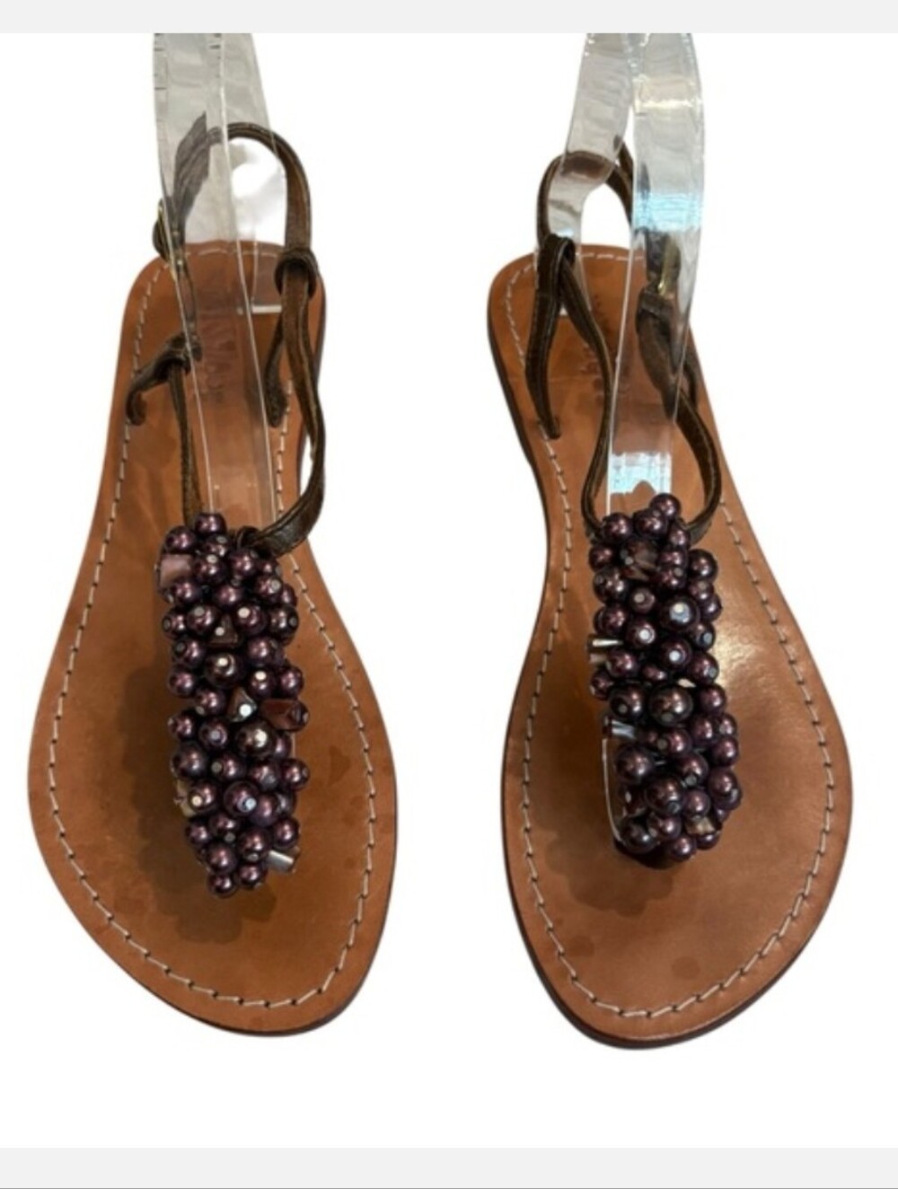 Mystique purple beaded T-strap brown leather sandals, size 8 handmade